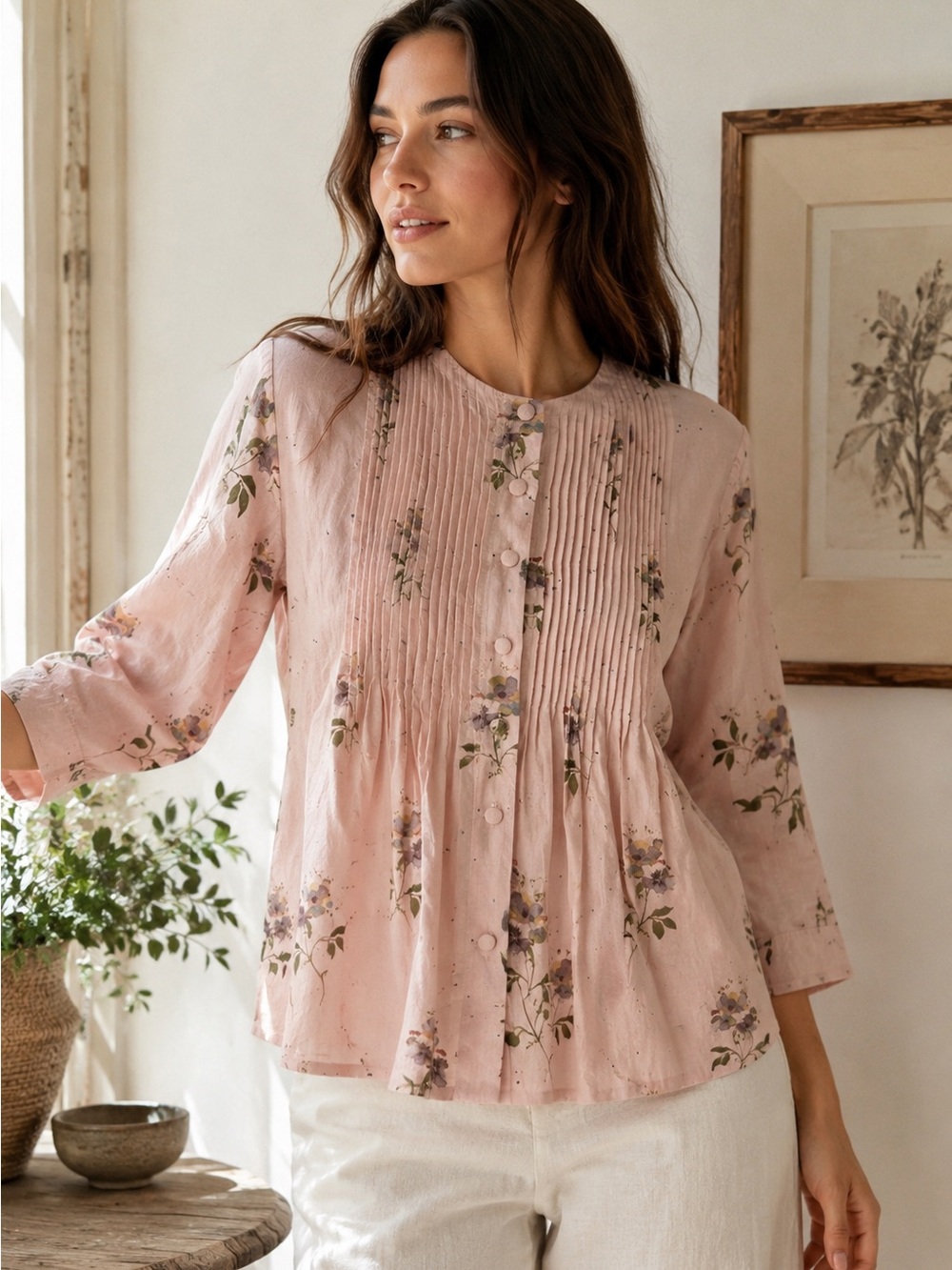 YAVI India Silk Cotton Floral Pintuck Blouse Pink Boho Artisan Top Sz Medium